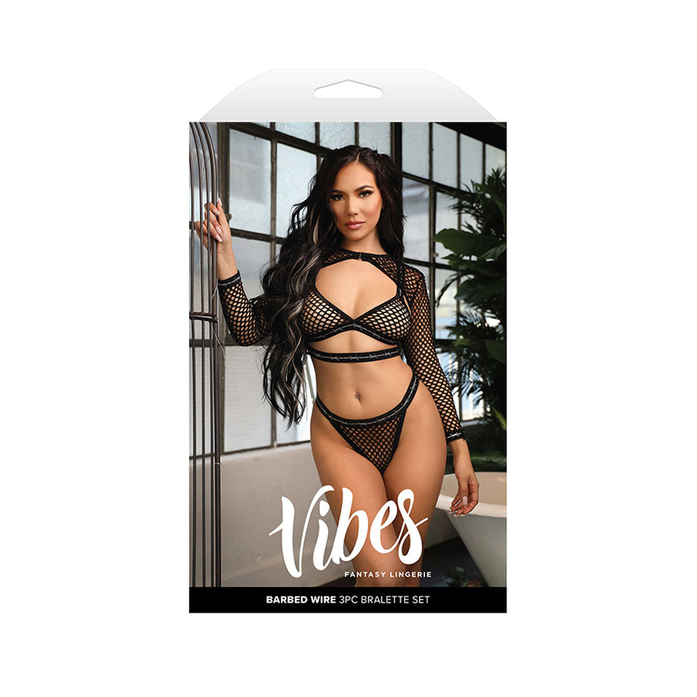 VIBES BARBED WIRE 3 Piece Bralette Set - S/M-(af988-sm-b) - AF988-SM-B