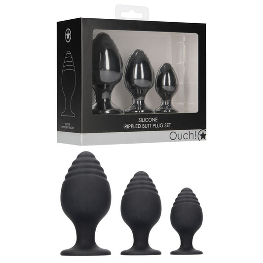 Ouch! Rippled Butt Plug Set-(ou492blk) - OU492BLK