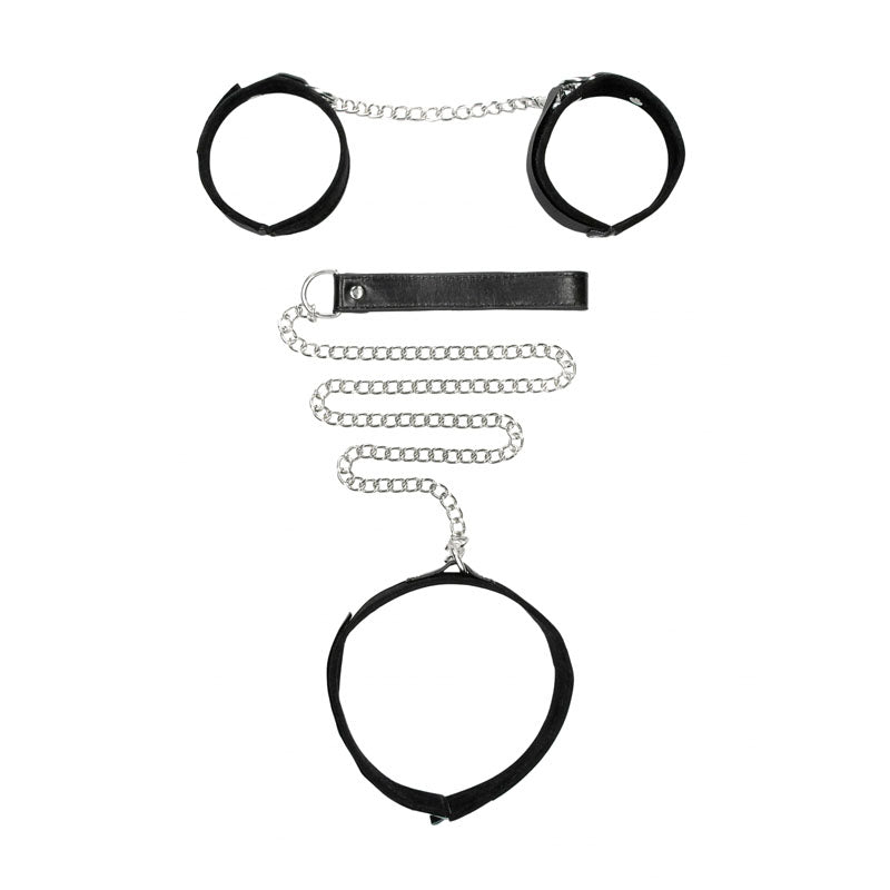 OUCH! BW Velcro Collar With Leash And Hand Cuffs-(ou672blk) - OU672BLK