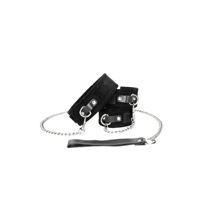 OUCH! BW Velcro Collar With Leash And Hand Cuffs-(ou672blk) - OU672BLK