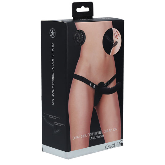 OUCH! Dual Silicone Ribbed Strap-On - Black-(ou858blk) - OU858BLK