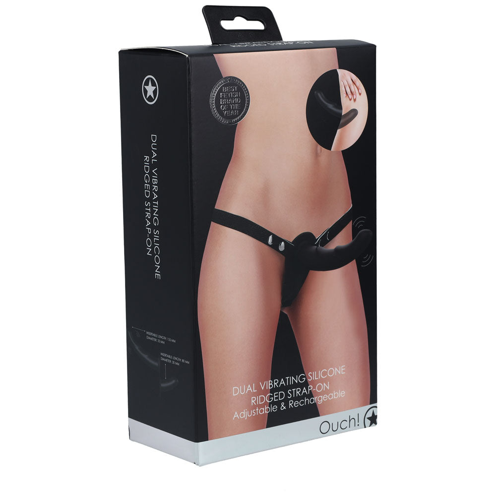 OUCH! Dual Vibrating Silicone Ridged Strap-On - Black-(ou860blk) - OU860BLK