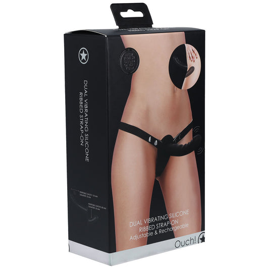 OUCH! Dual Vibrating Silicone Ribbed Strap-On - Black-(ou861blk) - OU861BLK