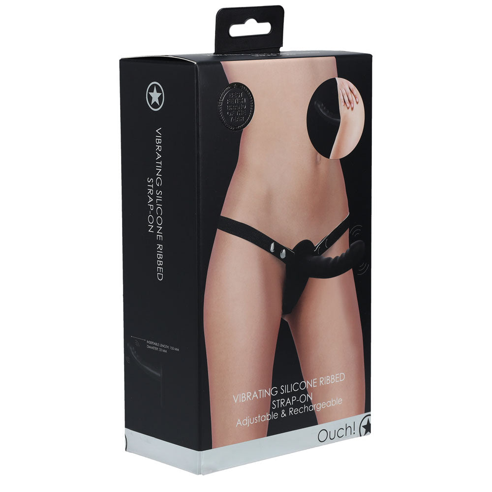 OUCH! Vibrating Silicone Ribbed Strap-On - Black-(ou867blk) - OU867BLK