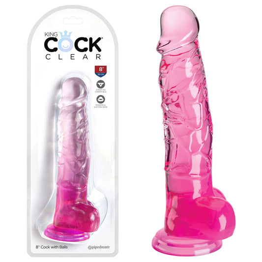 King Cock Clear 8'' Cock with Balls - Pink-(pd5756-11) - PD5756-11