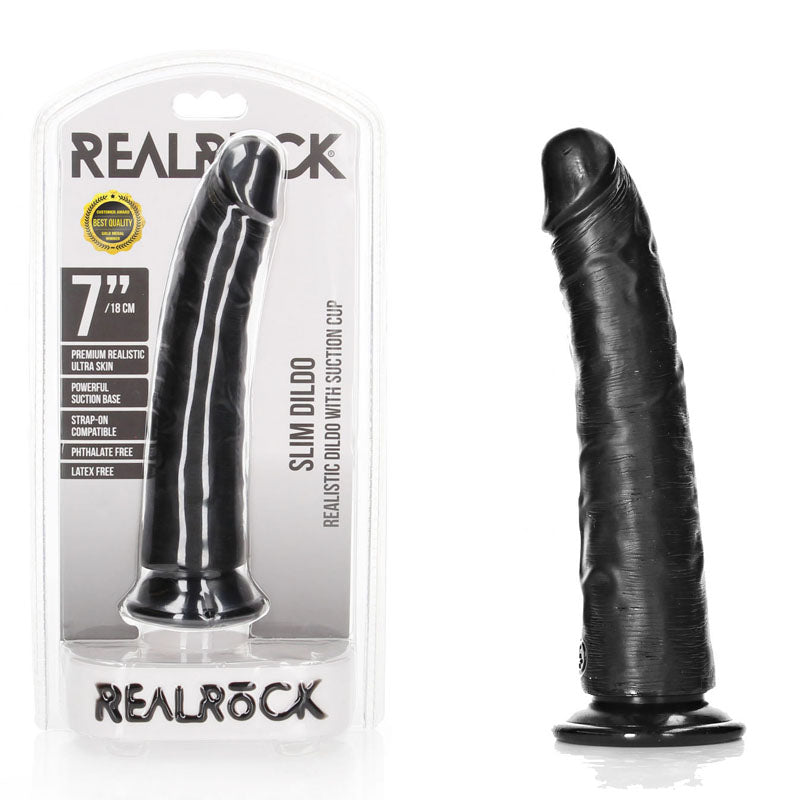 REALROCK Realistic Slim Dildo with Suction Cup - 18cm-(rea114blk) - REA114BLK